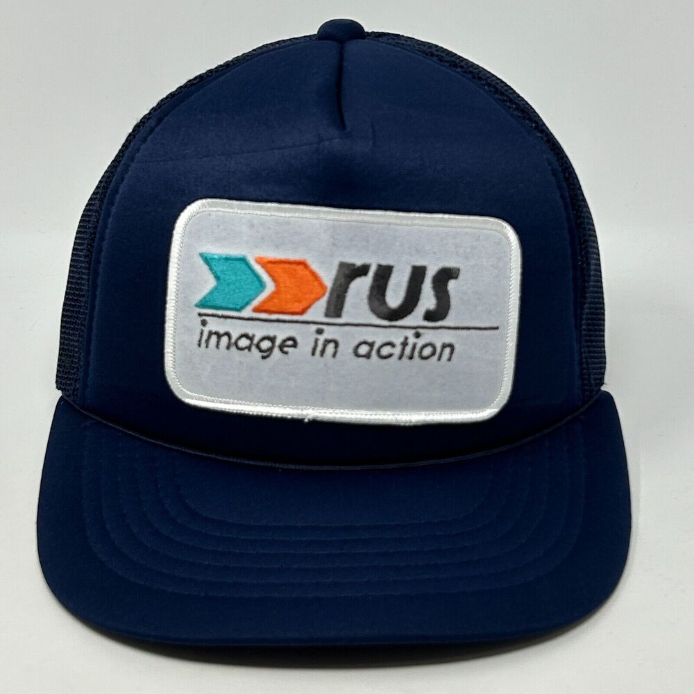 Vintage 80s Rus Image In Action Patch Trucker Hat Baseball Cap Snapback Blue